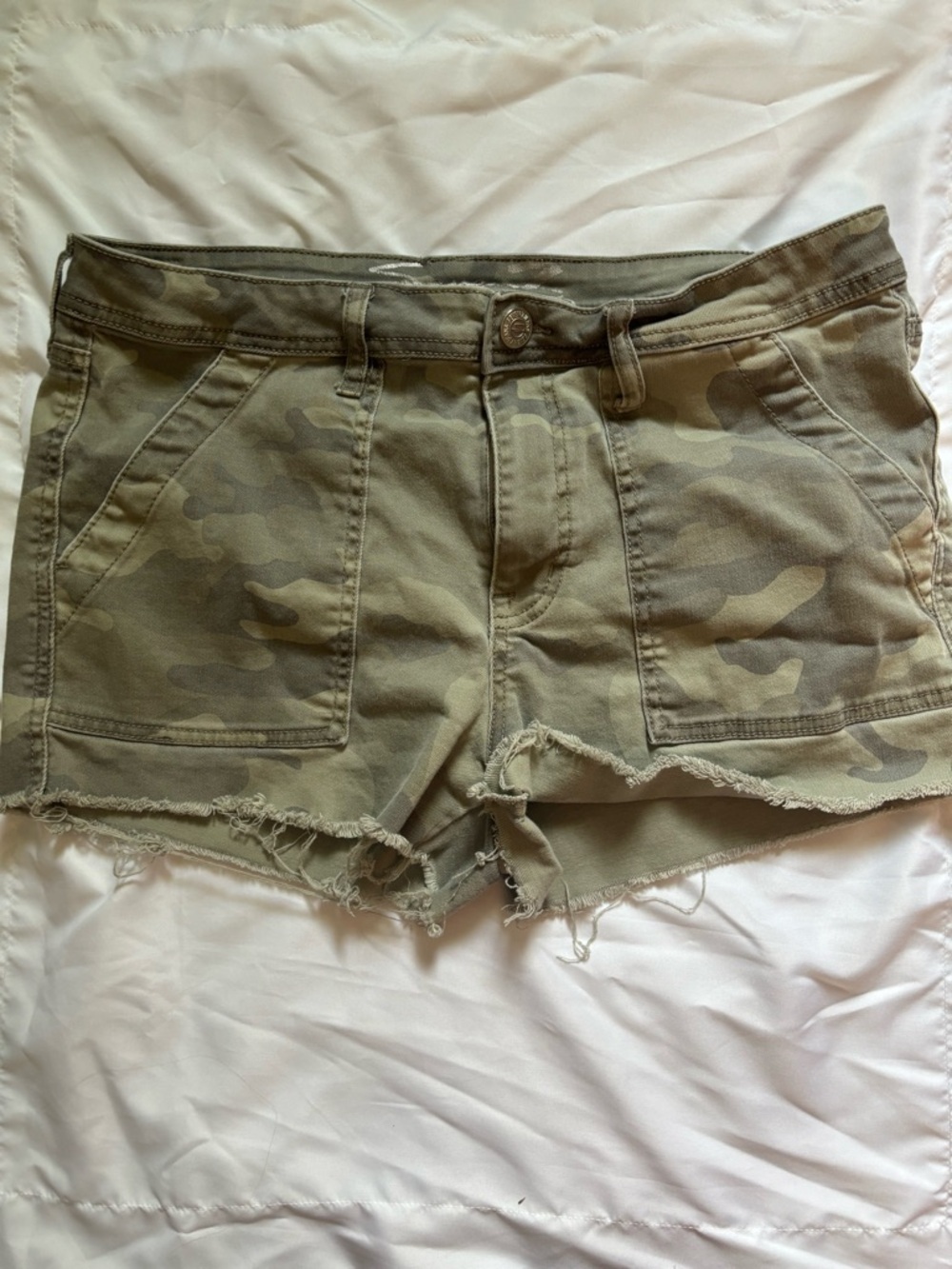 Seven7 Olive Camo Frayed Hem Jean Shorts